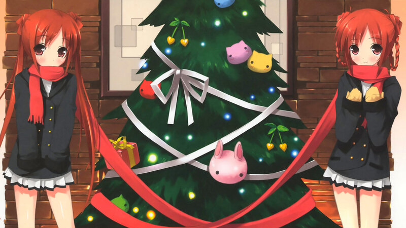 Two Girls by Christmas Tree — Red