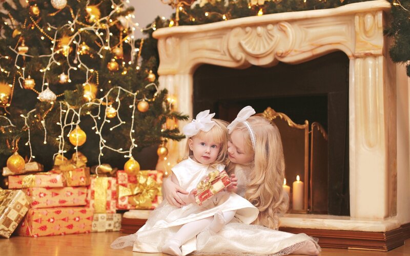 Two Girls by Fireplace — White