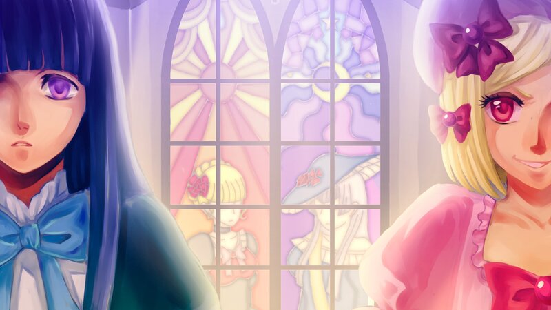 two girls by stained glass window