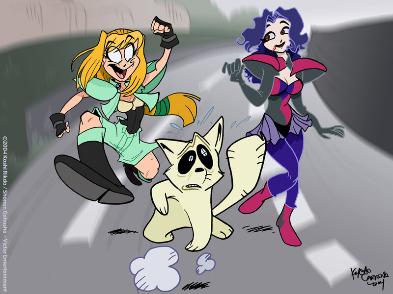 Two girls chasing a scared cat