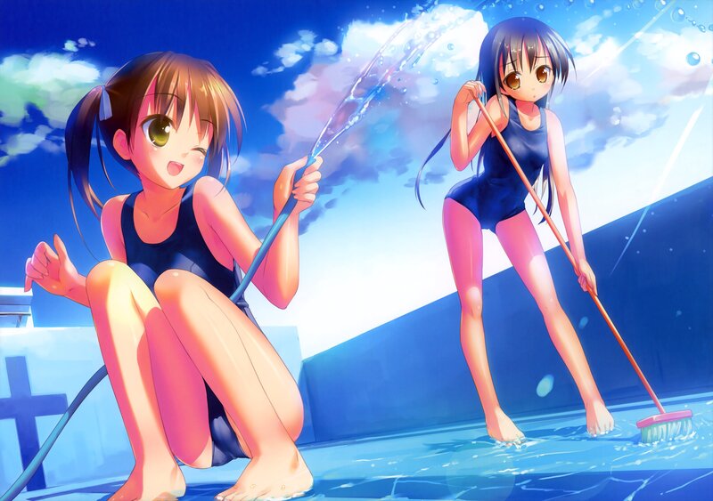 Two girls cleaning a pool