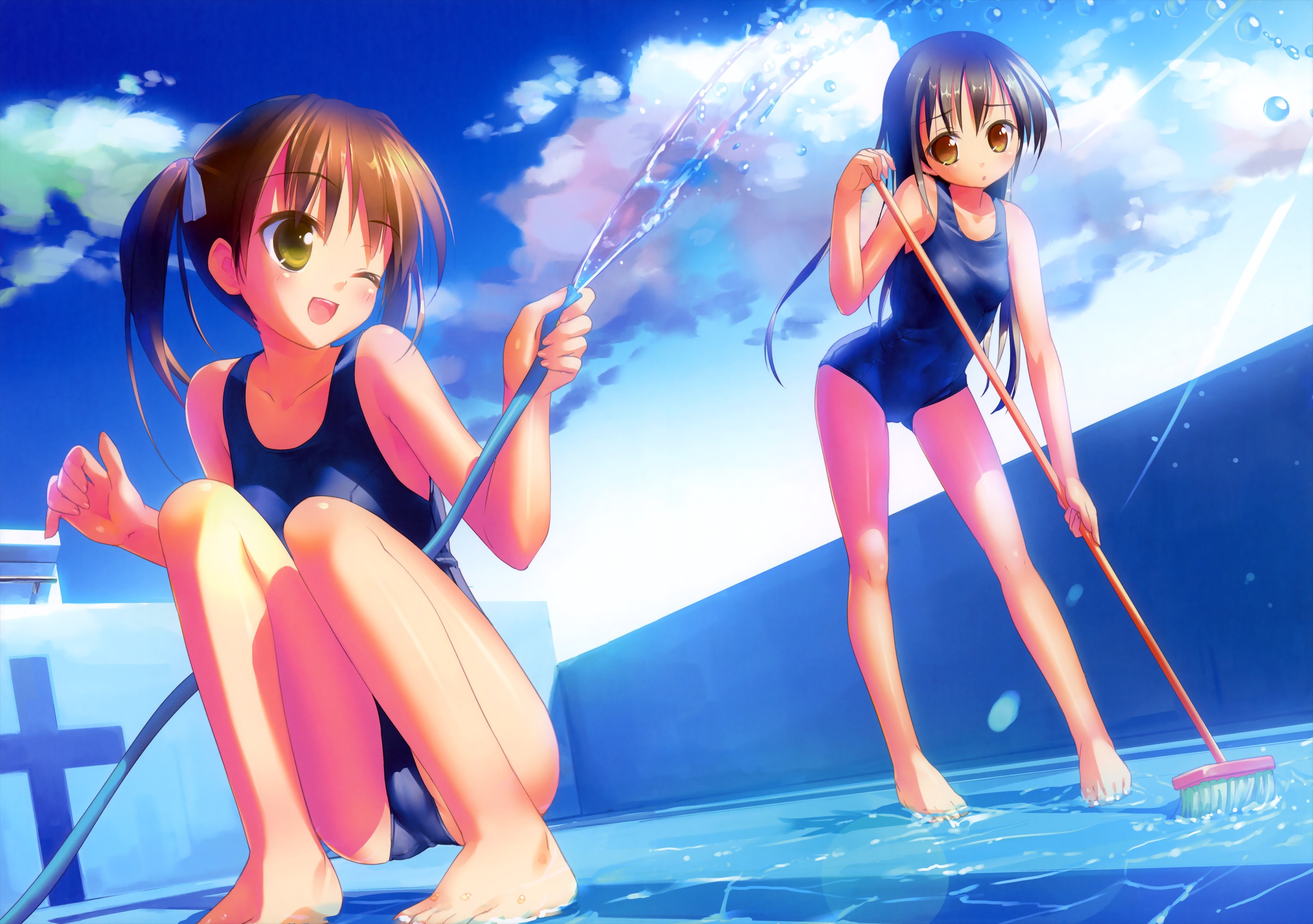 Two girls cleaning a pool