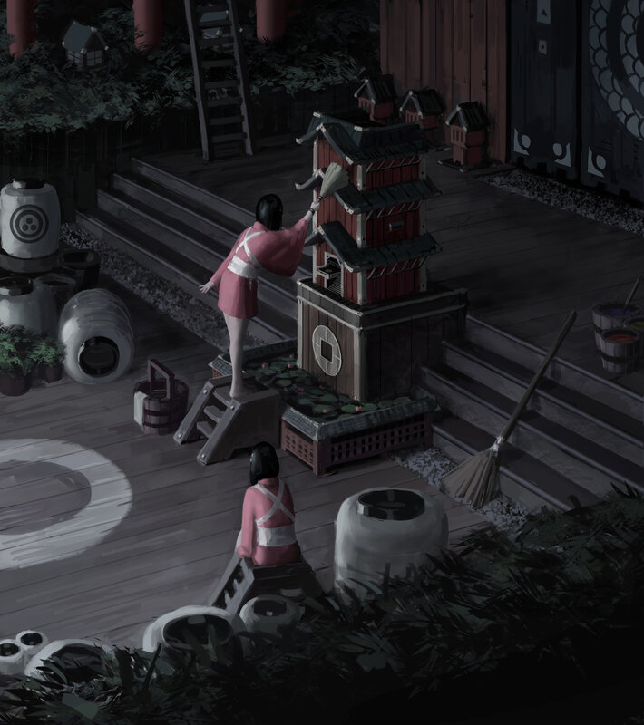 Two Girls Cleaning Shrine