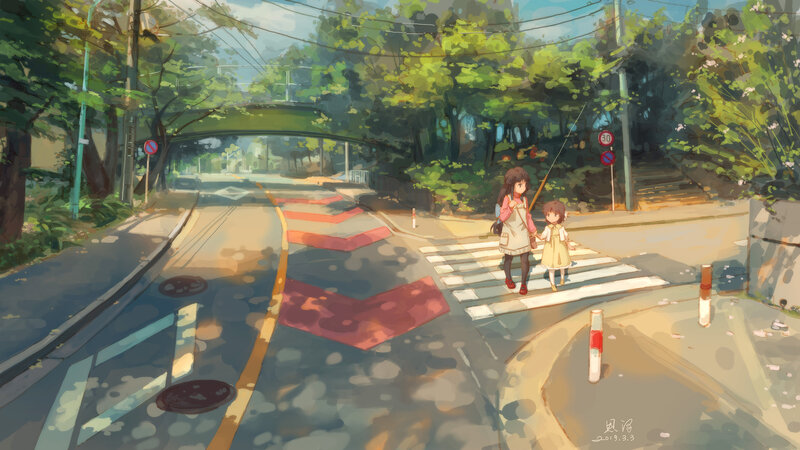 Two Girls Crossing Street