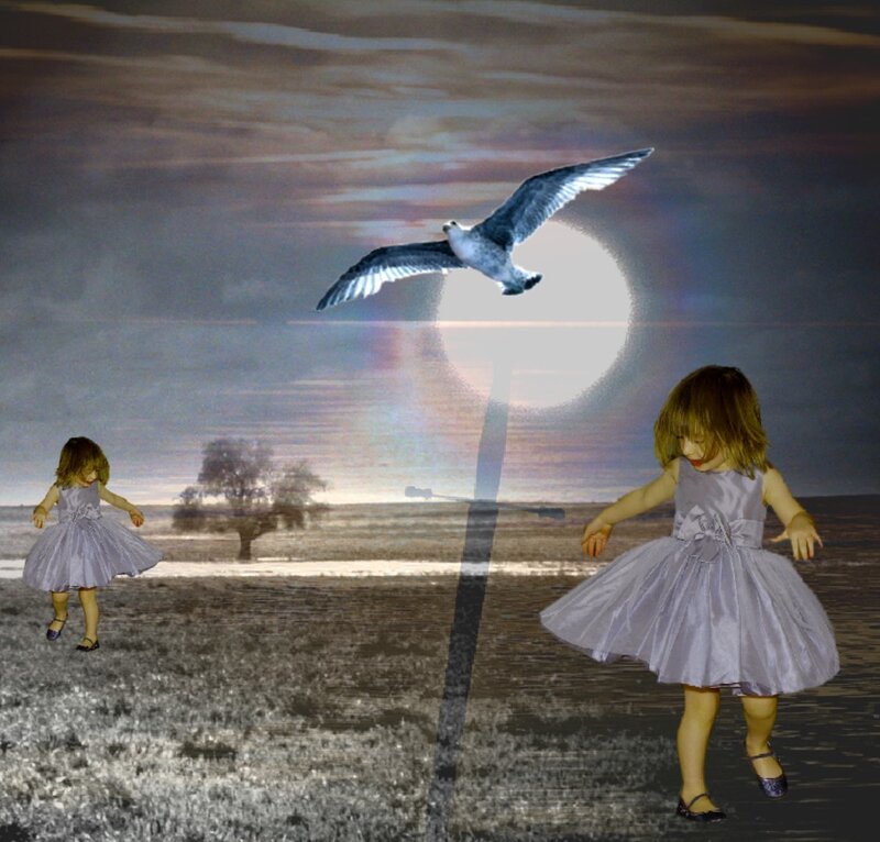 Two girls dancing under a bird