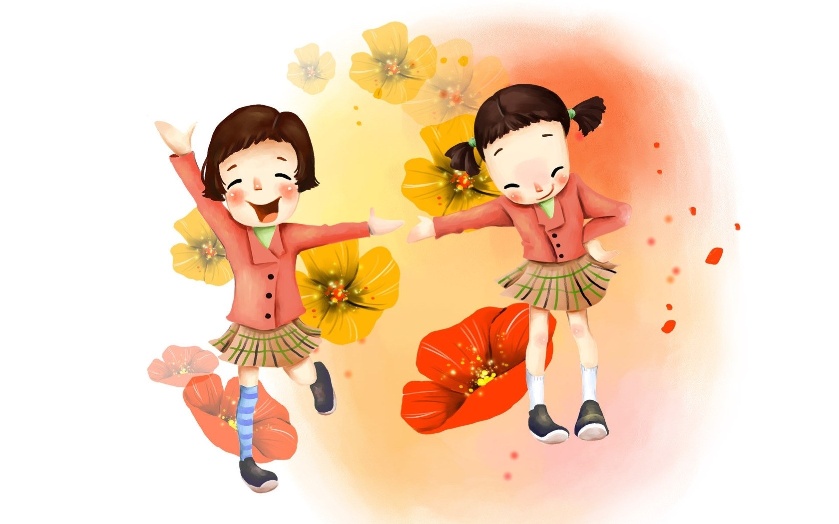 Two girls dancing with flowers