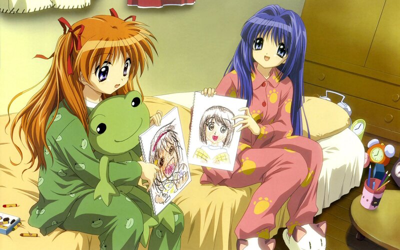 Two Girls Drawing — Green, Playful