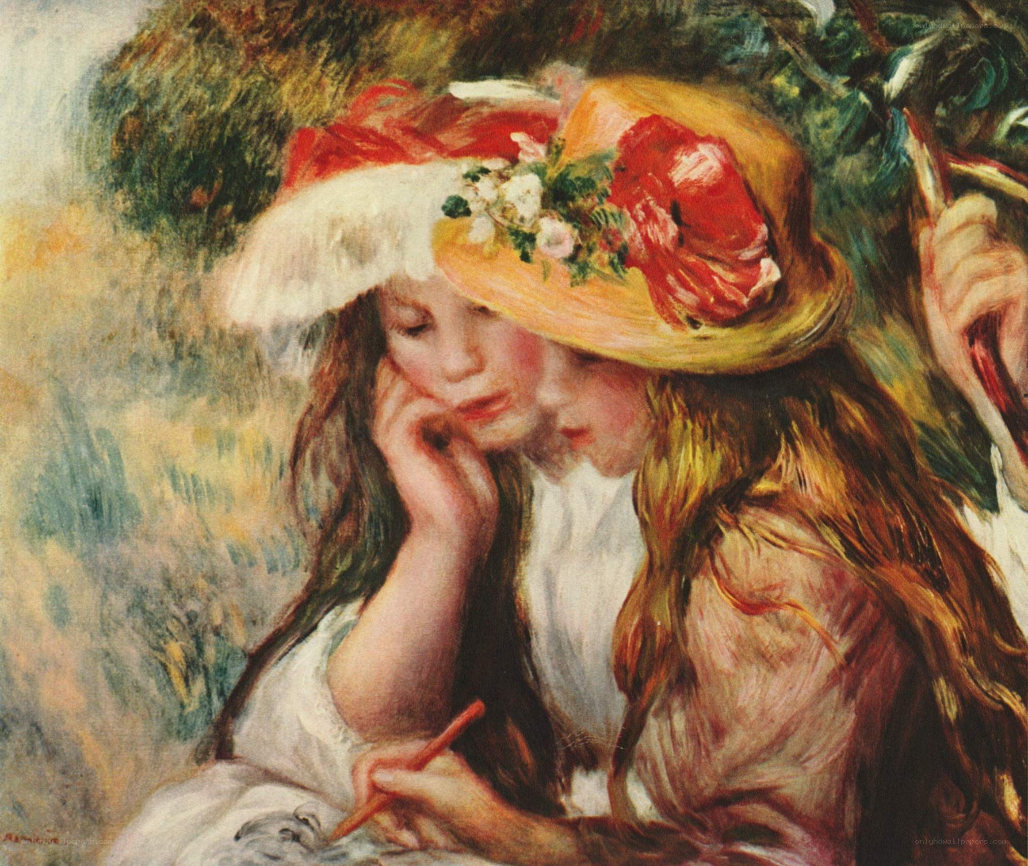 Two Girls Drawing in a Garden