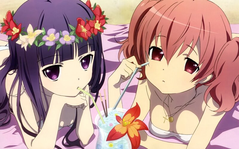 Two Girls Drinking Drinks — Purple