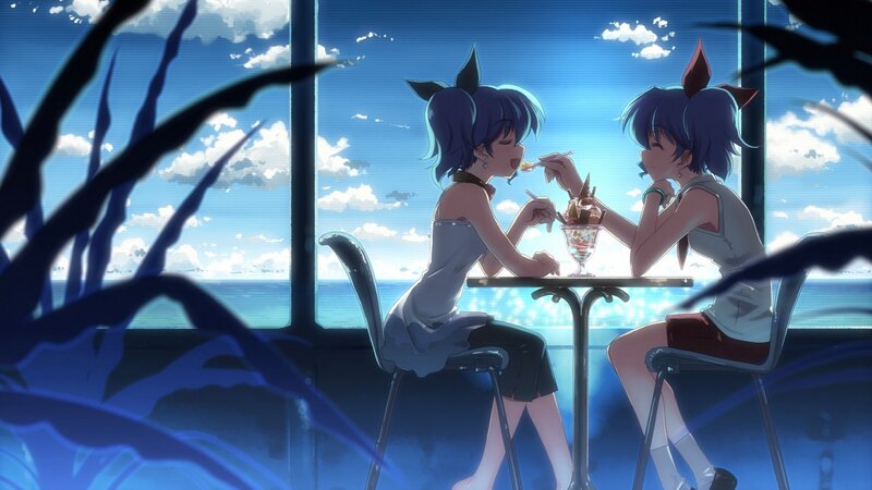 Two Girls Eating Dessert — Blue, Serene