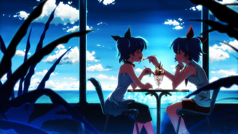 Two Girls Eating Dessert — Blue