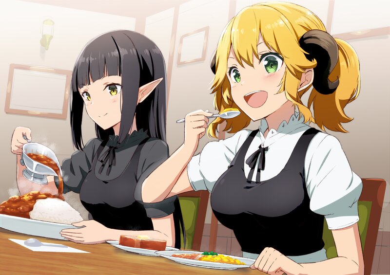Two Girls Eating Dinner — Yellow