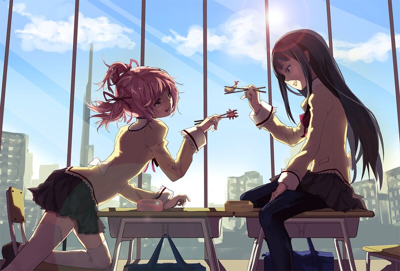 Two Girls Eating Lunch — Blue, Calm
