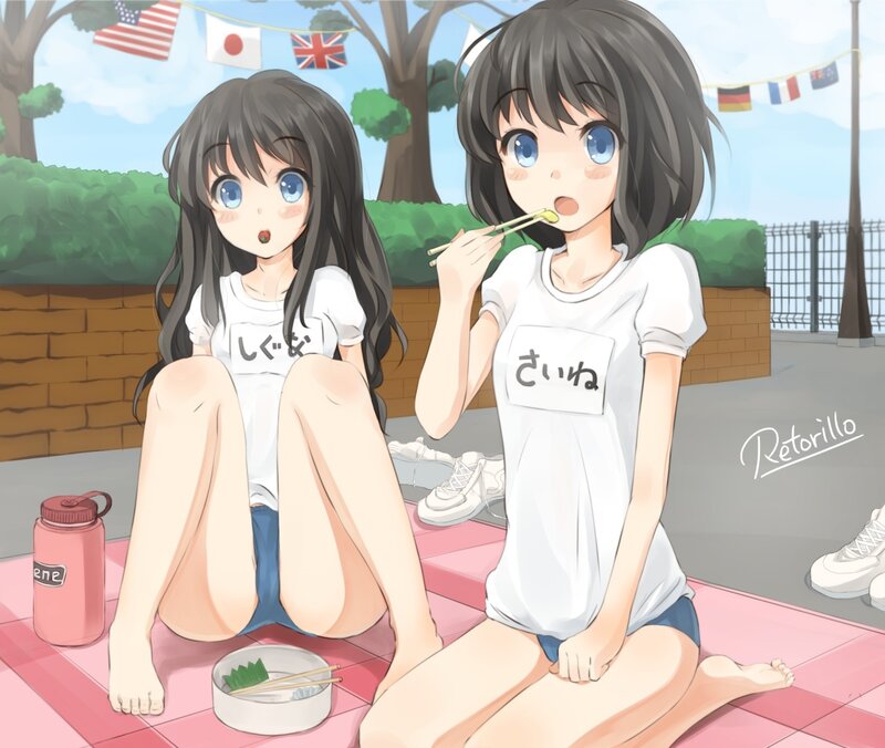 Two Girls Eating Outdoors — White