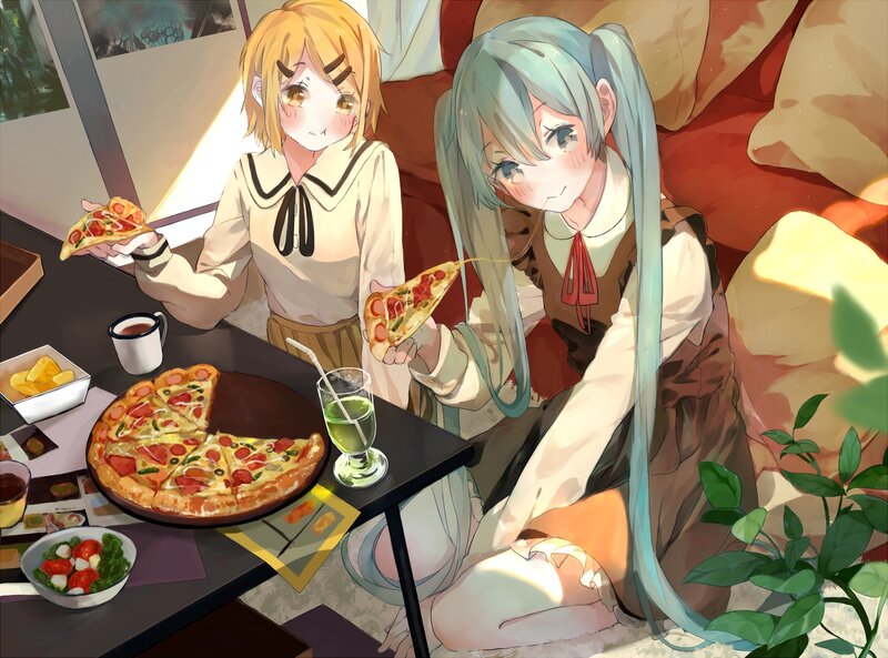 Two Girls Eating Pizza — Blue