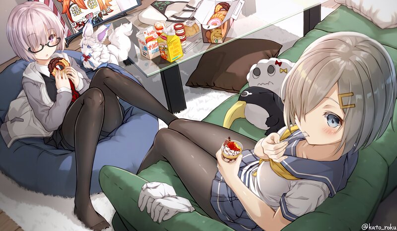 Two Girls Eating Snacks — Green