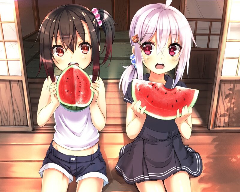 Two Girls Eating Watermelon — Red