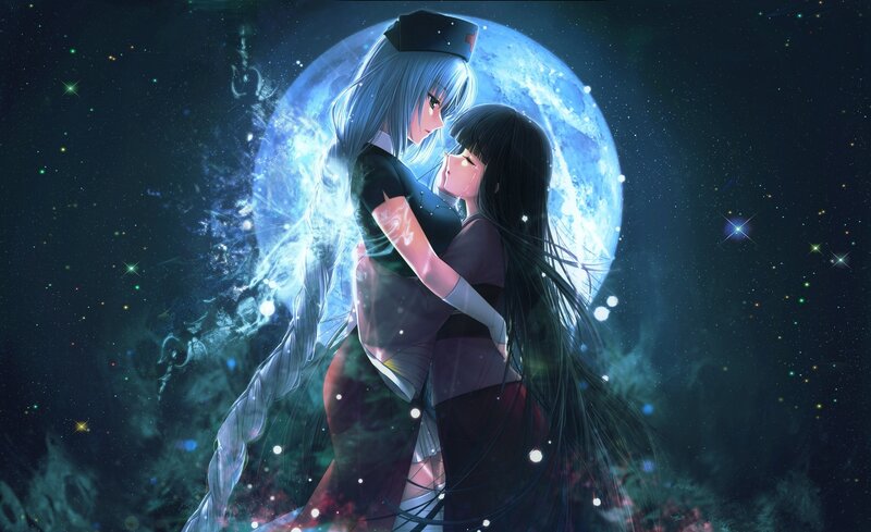 Two girls embrace under a moon