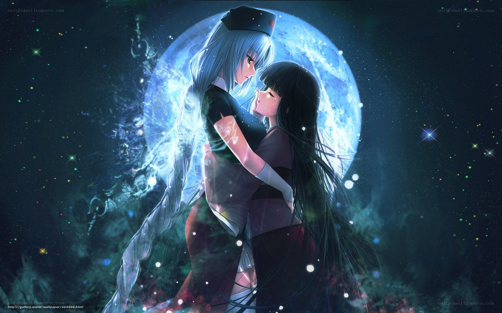 Two girls embrace under a moon