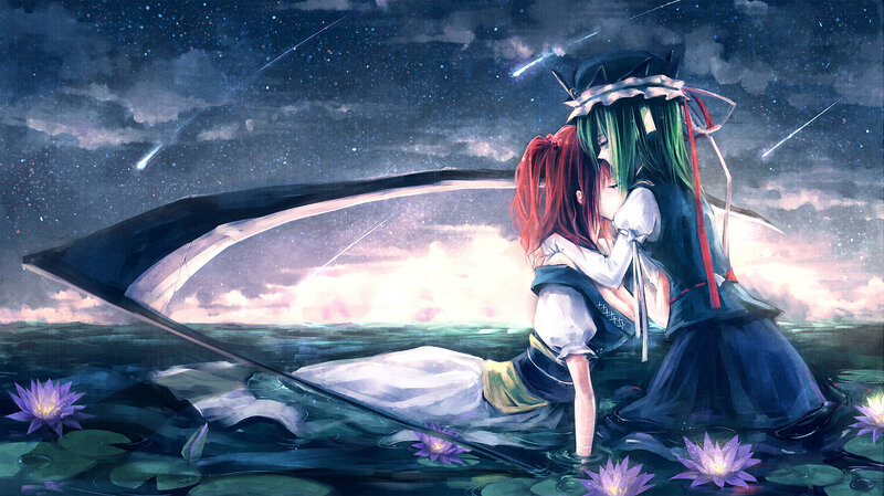 Two girls embrace under shooting stars