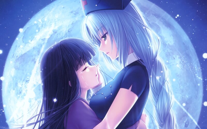 Two girls embrace under the moon