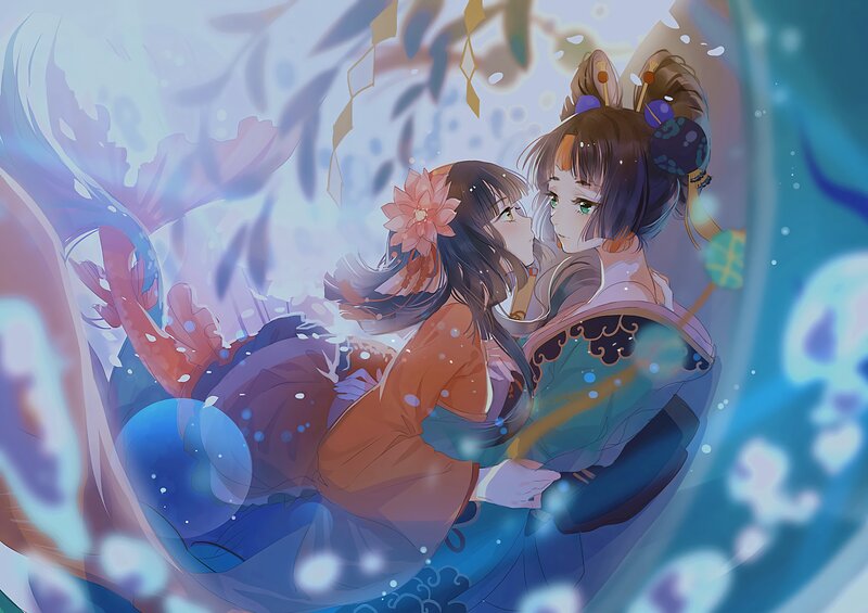Two Girls Embracing — Blue, Serene