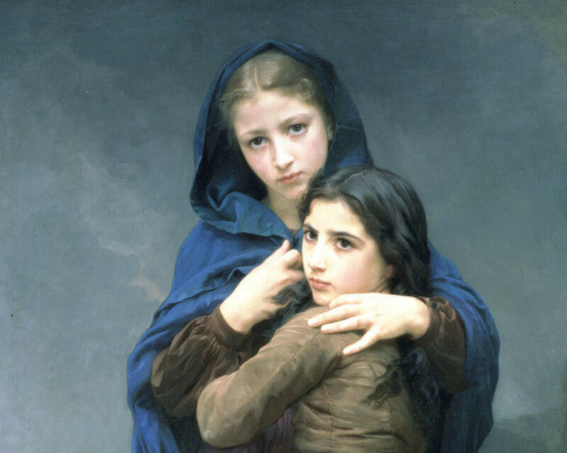 Two Girls Embracing — Blue, Somber