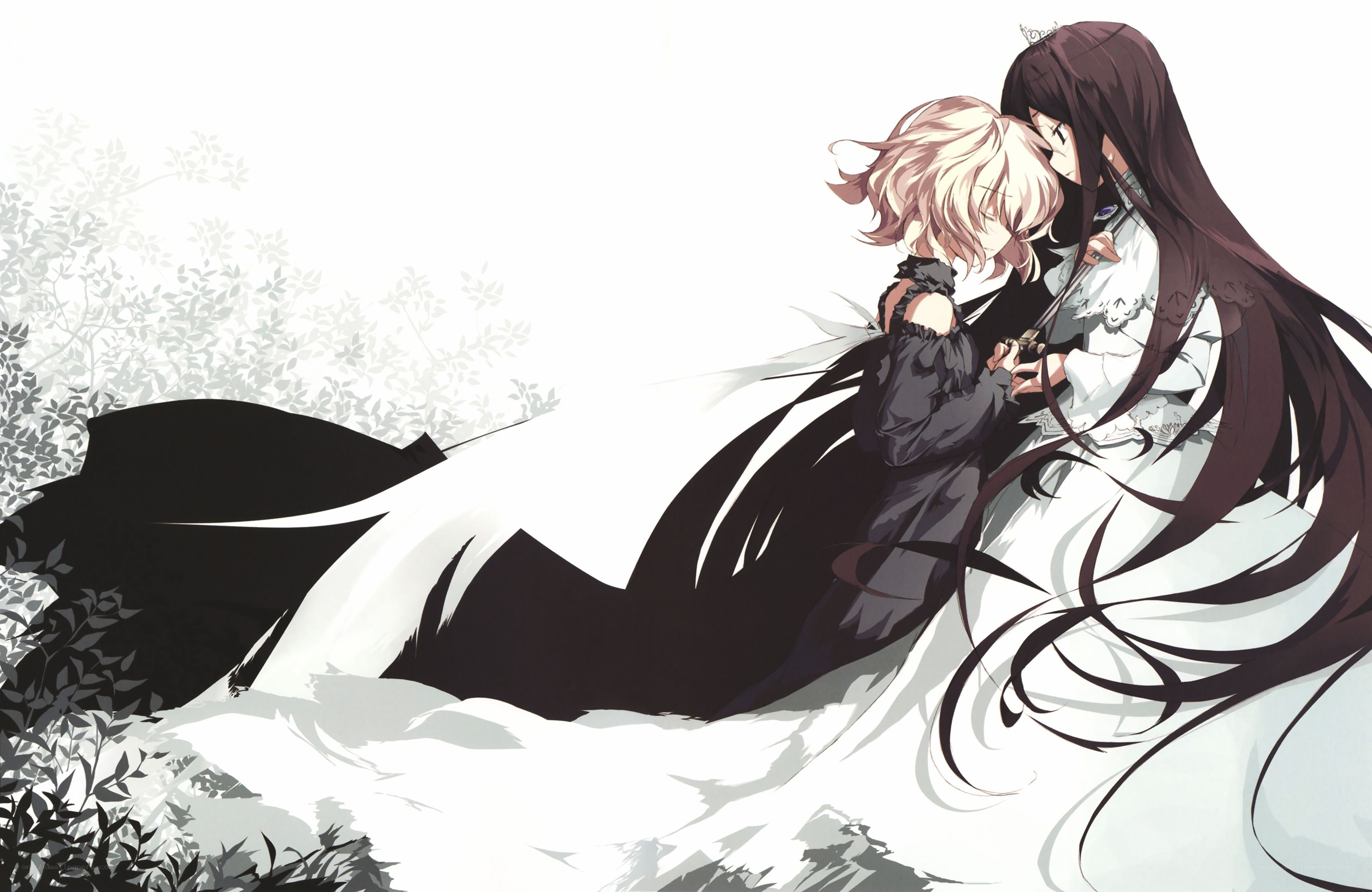 Two girls embracing in a forest