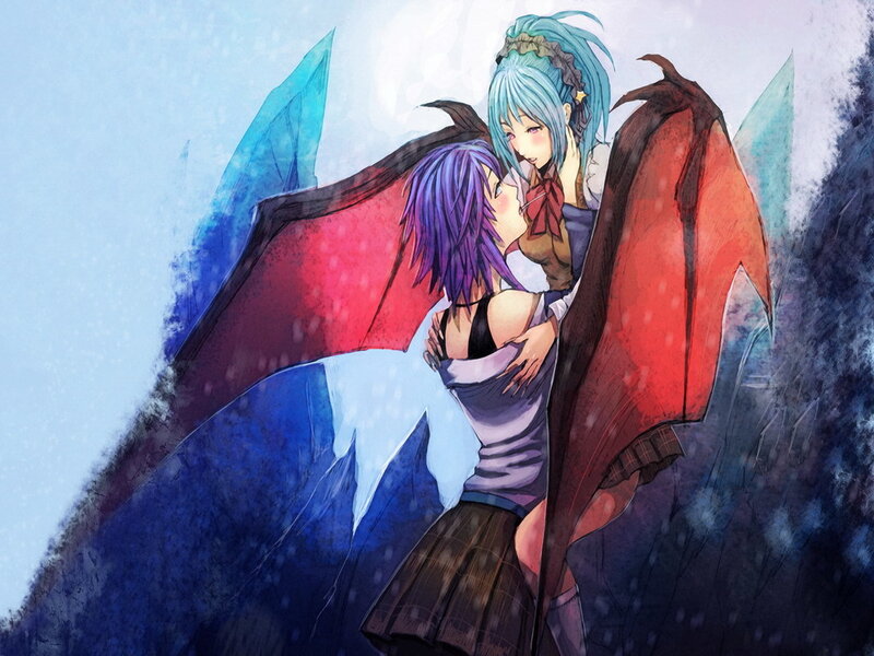 Two girls embracing in a snowy landscape