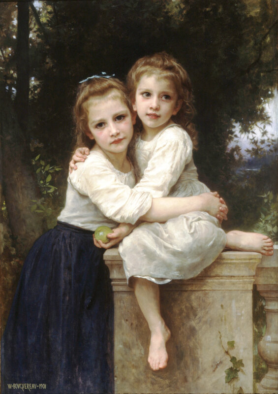 Two girls embracing on a stone bench