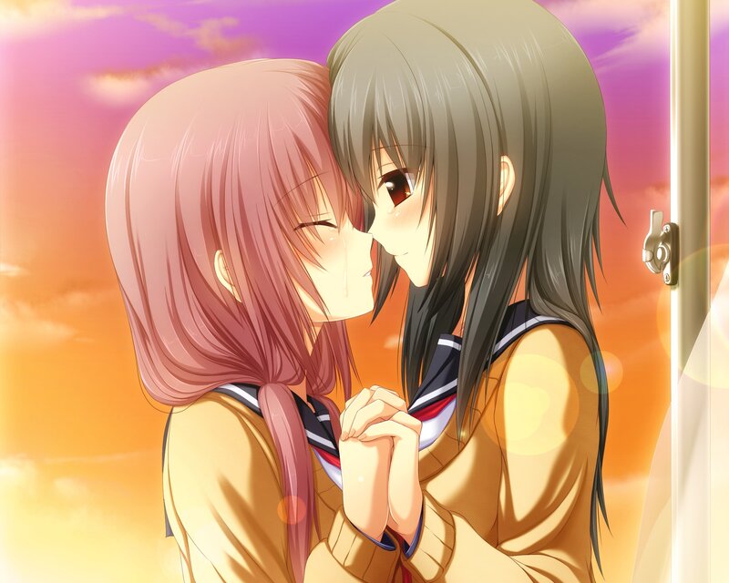 Two Girls Embracing — Orange, Romantic