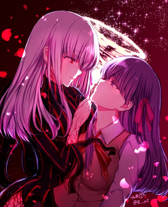 Two Girls Embracing — Purple, Dramatic, Night, Anime, Rose Petals