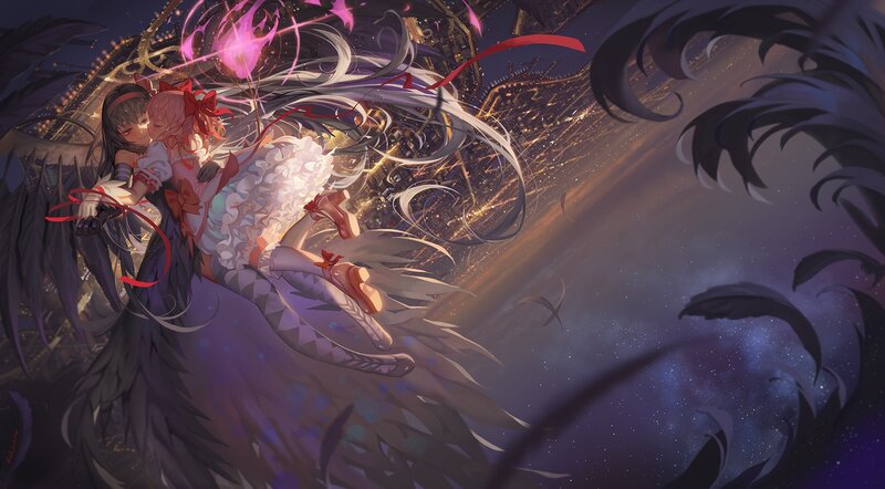 Two Girls Embracing — Purple, Dramatic, Night, Digital Art, Wings