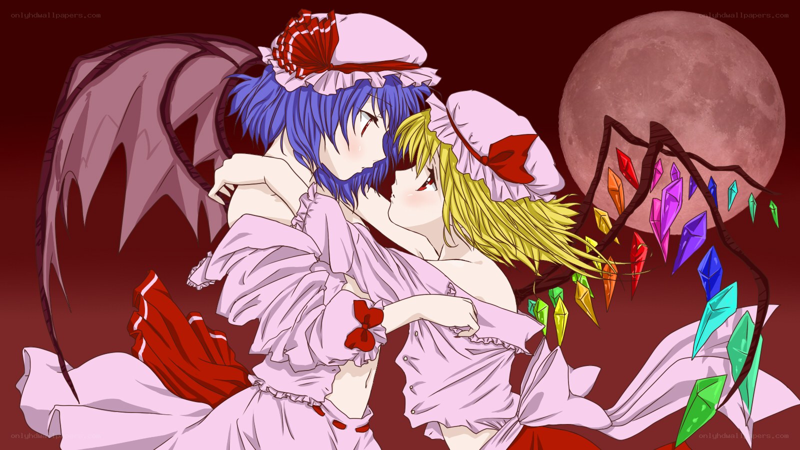 Two girls embracing under a full moon