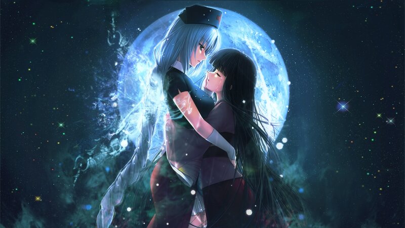 two girls embracing under a moon