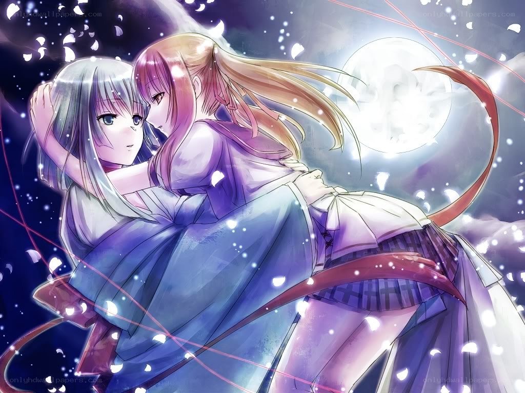 Two girls embracing under moonlight