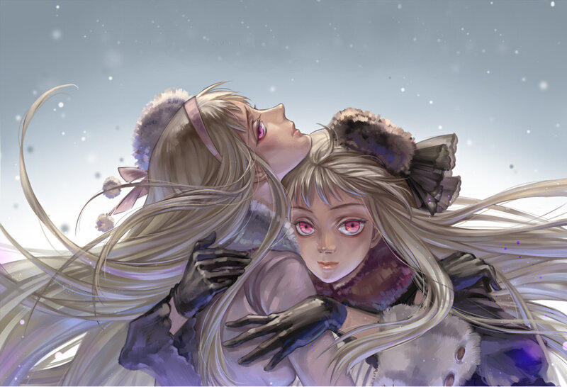 Two Girls Embracing — White, Dramatic