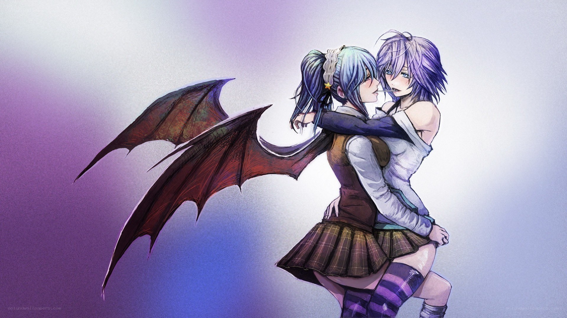 Two girls embracing with wings