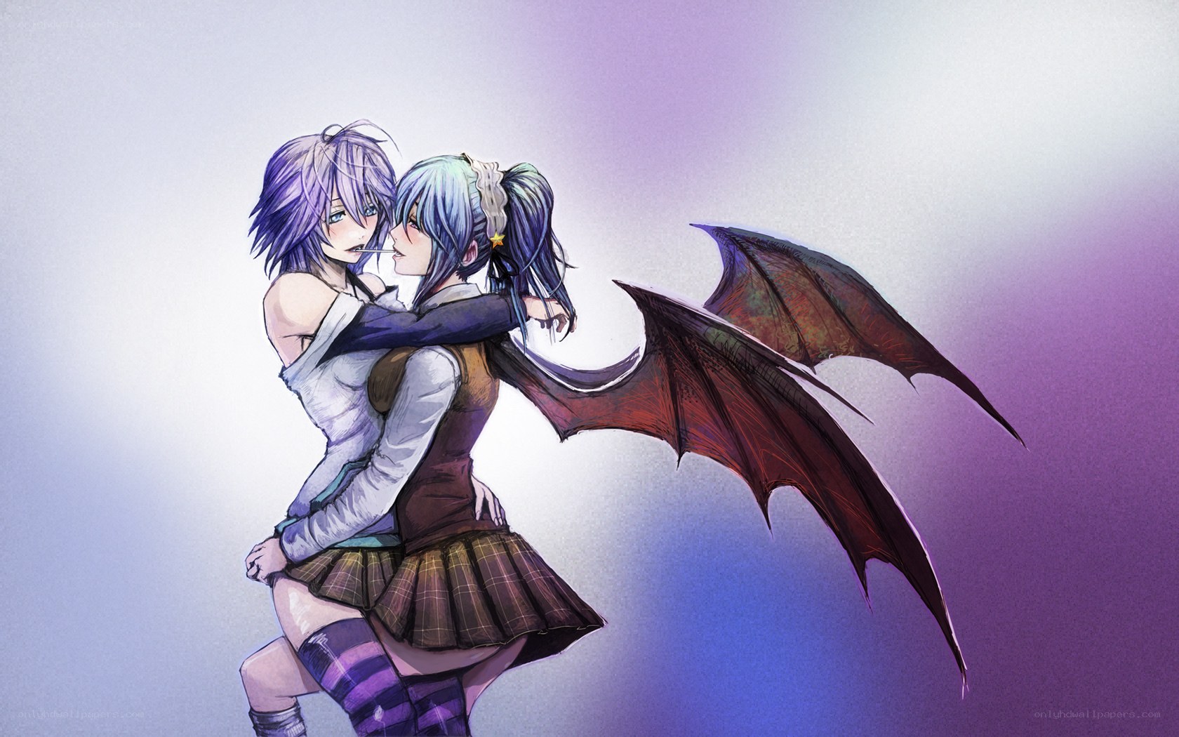Two girls embracing with wings
