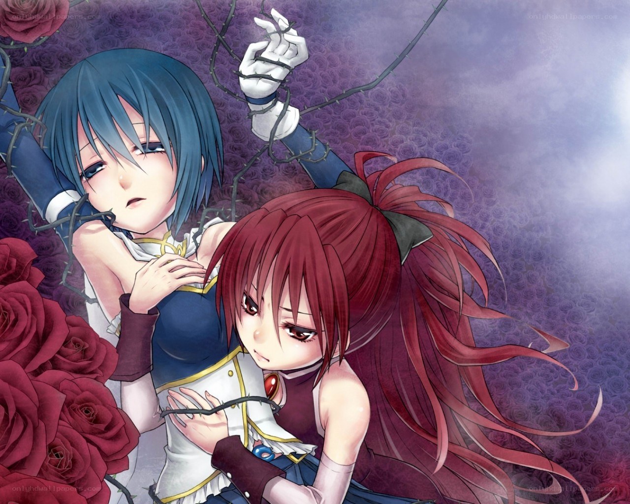 Two girls entangled in thorns