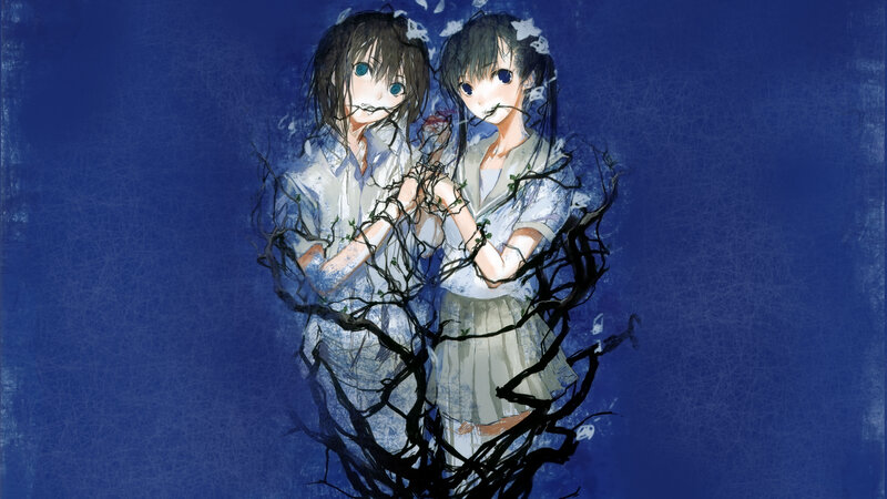 Two girls entwined in vines