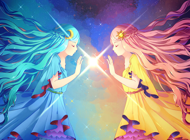 Two Girls Facing Each Other — Blue