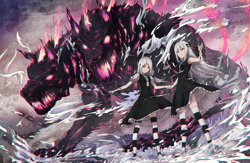 Two Girls Facing Monster