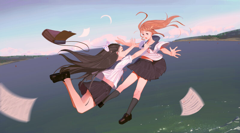 Two Girls Falling — Blue, Dramatic, Sunset, Digital Art