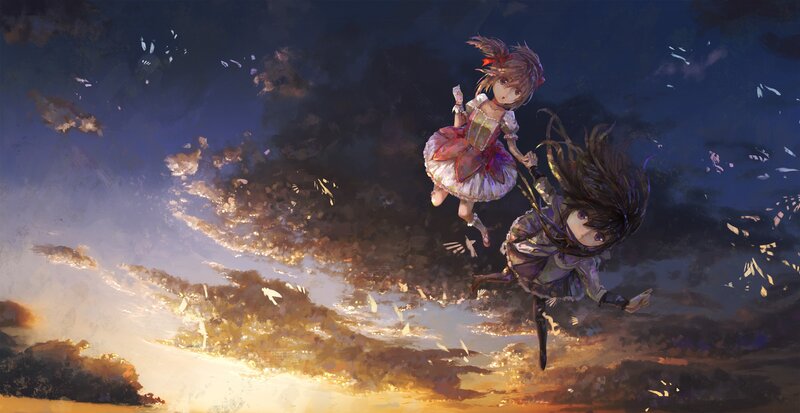 Two Girls Falling — Blue, Dramatic, Sunset