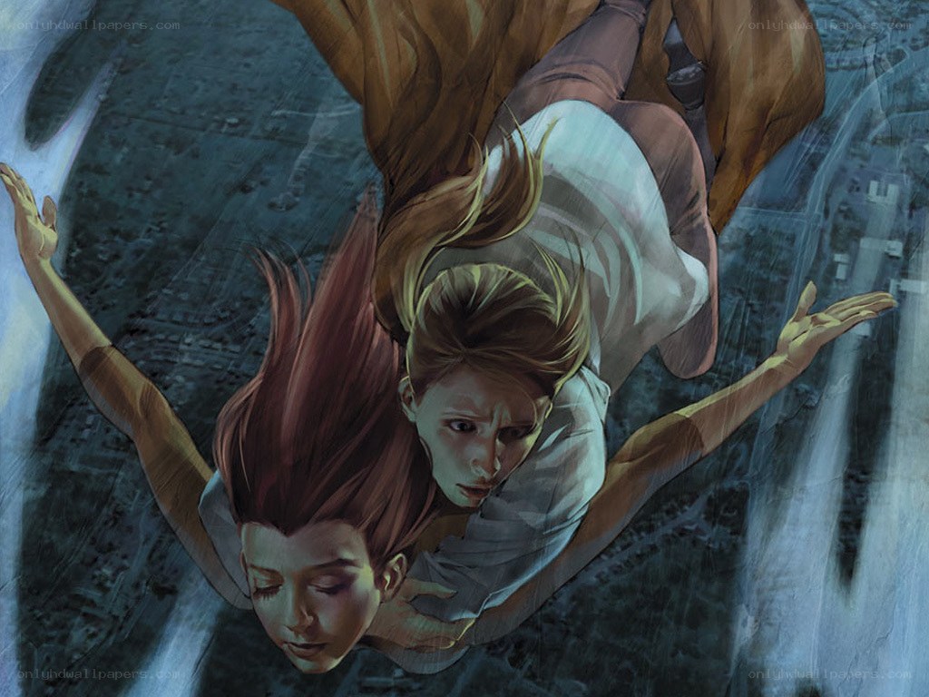 Two girls falling from the sky