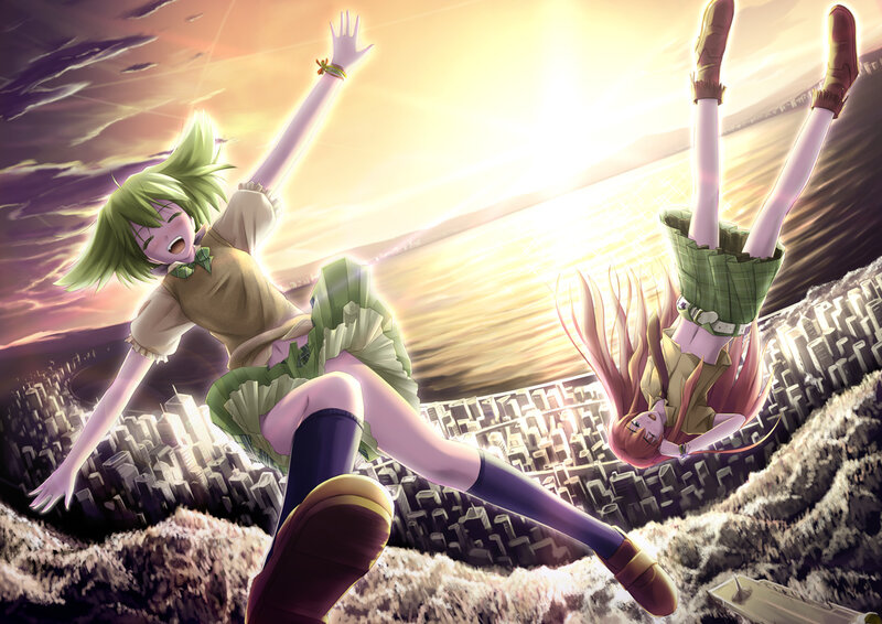 Two Girls Falling — Green, Dramatic