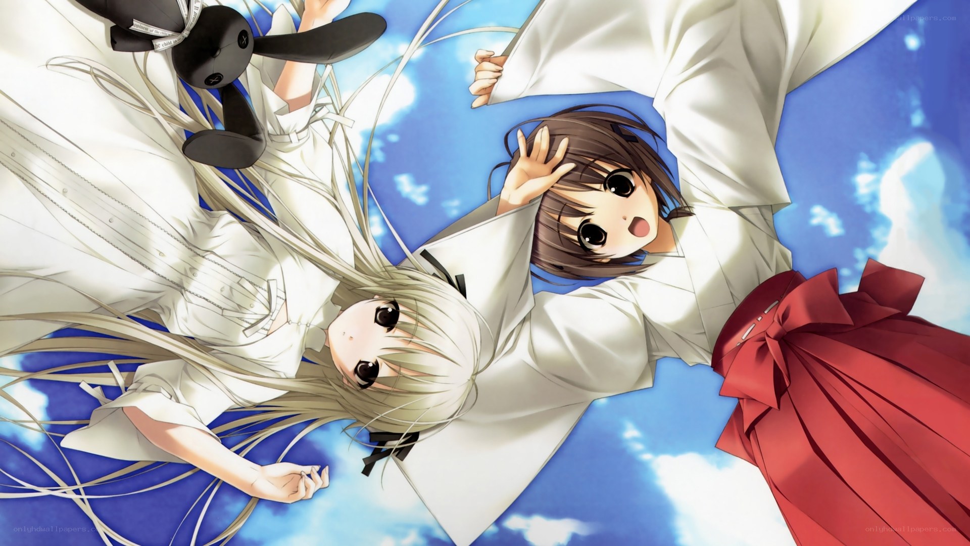 two girls falling in the sky