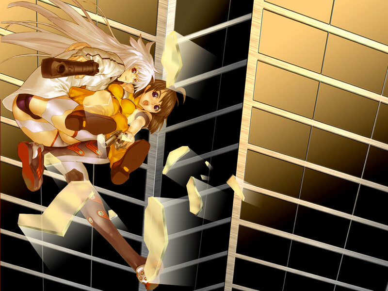Two girls falling through a building