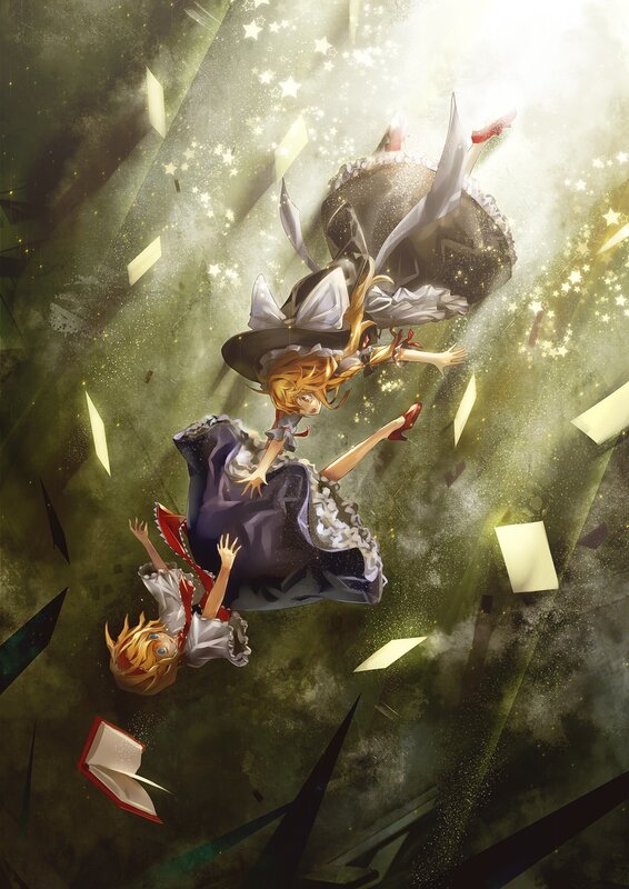 Two girls falling through a starry void